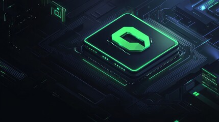 Aufkleber - A futuristic microchip design on a circuit board with glowing green elements.
