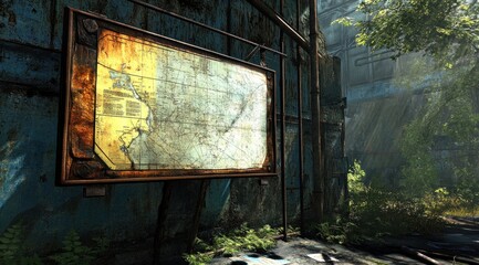 Poster - A weathered map display in an overgrown, abandoned industrial environment.