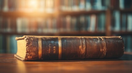 Poster - Antique Leather Bound Book Rests On Wooden Table