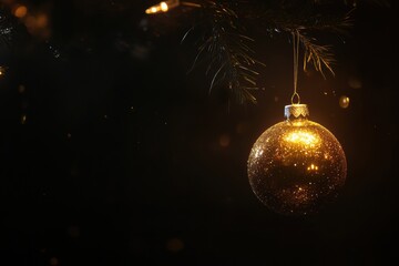 Poster - A golden Christmas ornament glimmers on a pine branch, surrounded by soft darkness, evoking a festive atmosphere during winter celebrations. Generative AI