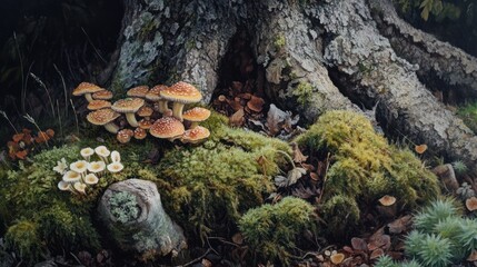 Wall Mural - Enchanted Forest: A Cluster of Mushrooms at the Base of an Ancient Tree