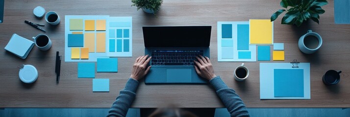 Poster - A workspace with a laptop, colorful notes, and coffee, indicating a design or planning session.