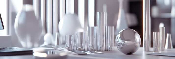 Poster - A modern workspace featuring metallic objects and glassware on a sleek surface.