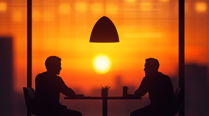 Poster - Two businessmen are having a meeting at sunset in a modern office with a stunning view of the city skyline