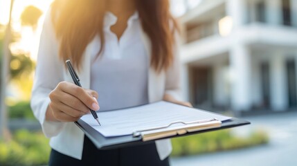 Aufkleber - A woman holding a clipboard and pen, preparing to write outdoors in a professional setting.