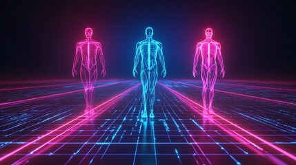 Poster - Three glowing humanoid figures in a digital environment, representing technology and futurism.