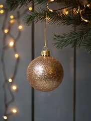 Poster - A golden ornament with sparkling glitter hangs from a lush pine branch, illuminated by warm, twinkling lights enhancing the festive atmosphere. Generative AI