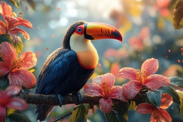a vibrant toucan with a striking beak is perched amidst rich foliage in a lush tropical jungle.