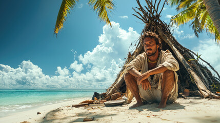 Lone bearded man in rags sitting on uninhabited island with palm trees in sea. Lost male person by small hut on tropical beach in ocean. Concept of lost, shipwreck