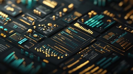 Aufkleber - Abstract data visualization with charts and graphs in teal and gold.