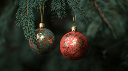 Aufkleber - Two festive christmas ornaments hanging from a tree branch, adding holiday cheer