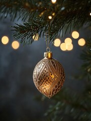 Poster - A sparkling golden Christmas ornament is elegantly suspended from a pine branch, illuminated by soft glowing bokeh lights in the background. Generative AI