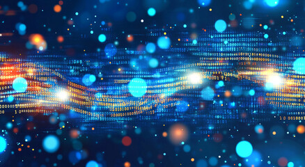 Poster - Digital data stream with vibrant colors and binary code flowing through a futuristic background at night