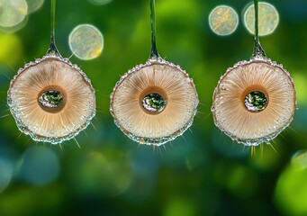 Poster - Close-up of three circular, mushroom-like structures with droplets, set against a blurred green background.