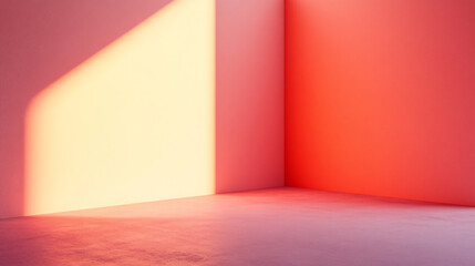 Leinwandbilder - Soft sunlight fills empty pink room, casting shadows on concrete floor. Modern design highlighted by clean lines and geometric shapes. Bright, airy atmosphere creates sense of tranquility