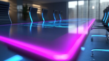 Poster - A modern conference room with a glowing table and sleek chairs, designed for business meetings.