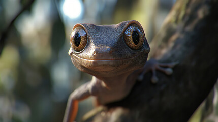 Poster - Close-up of a gecko gripping a tree branch, its large eyes shining in the dappled sunlight of a tropical forest