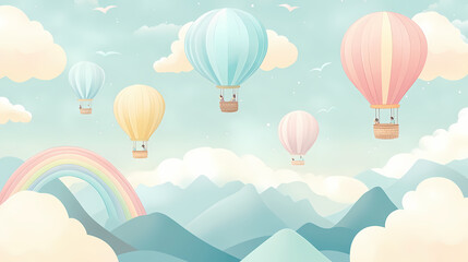 Wall Mural - Hot air balloons seamless wallpaper for a boy's room. rainbows, clouds, mountains and pastel colors. blue and beige. Pastel Balloon Skies. Illustration