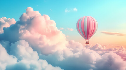 Wall Mural - A whimsical hot air balloon in pastel colors floating among fluffy clouds in the sky. Pastel Balloon Skies. Illustration