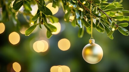 Poster - Golden Ornament Hanging From Green Branch Lights