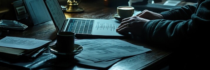 Aufkleber - A person typing on a laptop surrounded by papers and coffee in a cozy workspace.