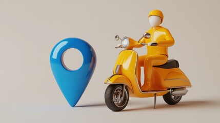 Aufkleber - A yellow scooter with a delivery person and a blue location pin, symbolizing delivery services.