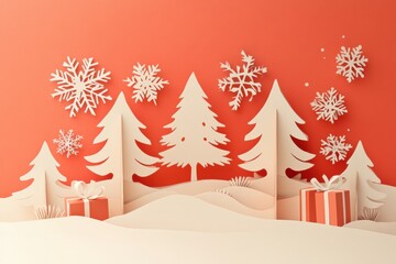 Aufkleber - A beautifully crafted holiday card showcases paper cut-out trees and snowflakes against a striking red background, creating a festive atmosphere. Generative AI