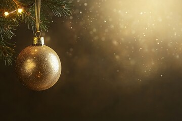 Poster - A golden Christmas ornament dangles from a lush pine branch, capturing the glimmer of lights and creating a festive atmosphere during the holidays. Generative AI