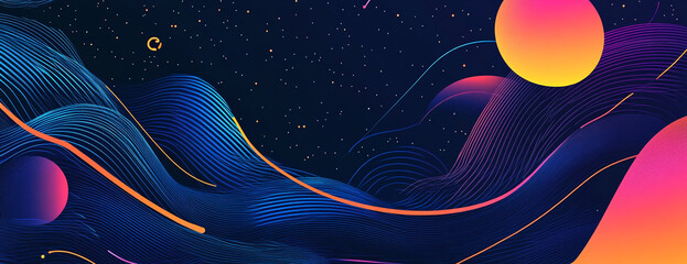 Poster - Vivid abstract depiction of cosmic waves and colorful celestial bodies against a starry night sky