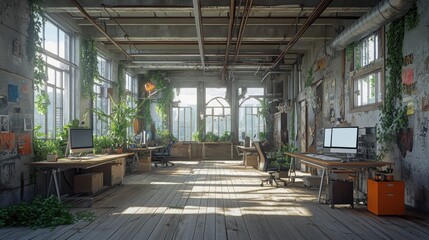 Aufkleber - A bright, plant-filled office space with wooden floors and large windows.