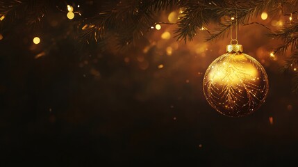Poster - A golden Christmas ornament glistens while hanging from a pine branch, surrounded by warm twinkling lights, creating a joyful holiday ambiance. Generative AI