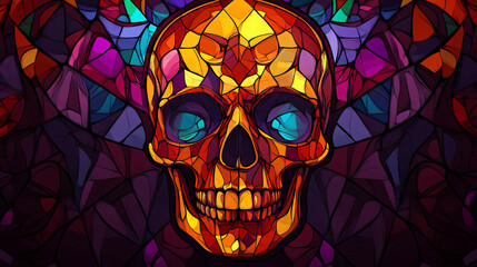Aufkleber - Vibrant mosaic art featuring a skull with glowing blue eyes, ideal for halloween, dia de los muertos, or gothic themes
