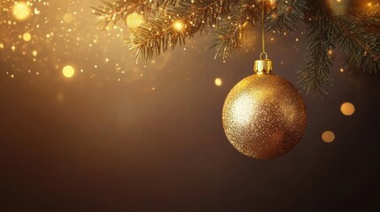 Poster - A golden ornament reflects light while suspended from a pine branch, enhancing the holiday spirit in a cozy setting. Generative AI