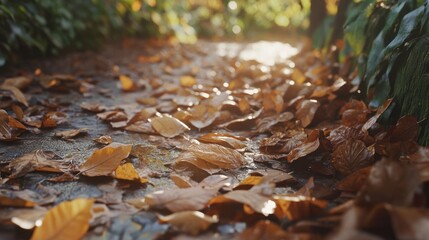 Poster - Autumn Leaves Scattered On A Damp Path