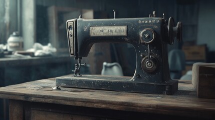 Poster - Antique Sewing Machine Rests On A Wooden Table