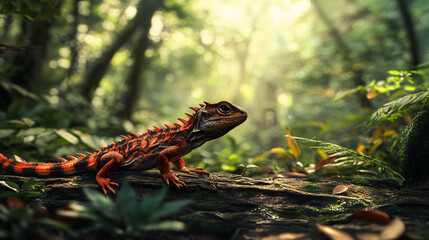 Poster - Earless monitor lizard basking in the sunlight amidst the lush foliage of a tropical rainforest