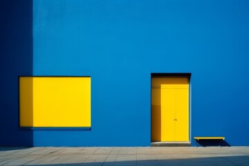 A serene blue and yellow building with two windows, bathed in soft sunlight. Generative AI