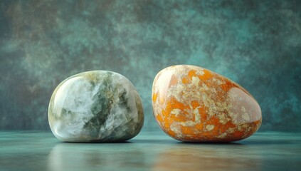 Poster - Two polished stones, one green and one orange, displayed against a textured background.