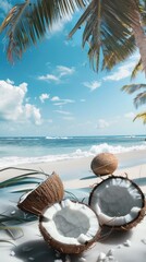 Wall Mural - Fresh coconuts half opened on a sandy beach with palm trees, bright blue ocean waves in the background under a clear sunny sky. Tropical paradise concept.