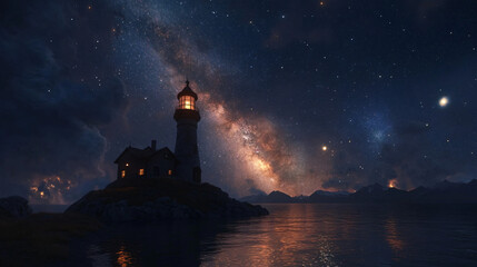 Poster - The lighthouse shining in the darkness, creating a cozy ambiance against the milky way and a stunning starry night