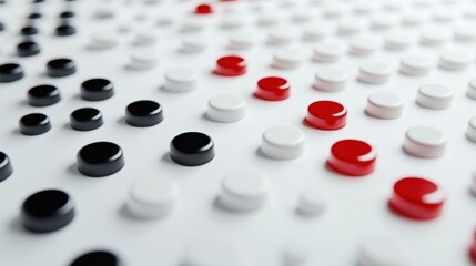 Poster - A close-up of a patterned arrangement of black, white, and red game pieces on a flat surface.