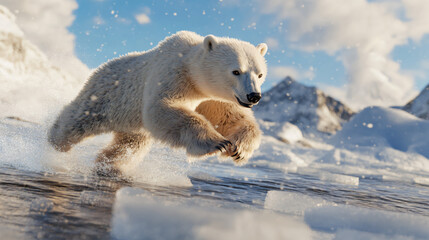 Aufkleber - Polar bear leaping over water with melting ice in snowy arctic scenery with mountains and blue sky