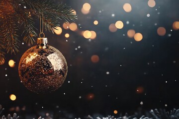 Poster - A shimmering golden ornament dangles from a green pine branch, surrounded by a festive atmosphere of soft bokeh lights and gentle snowfall. Generative AI