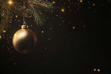 Poster - A beautiful golden Christmas ornament dangles from a pine branch, reflecting light and adding festive charm to the holiday atmosphere. Generative AI