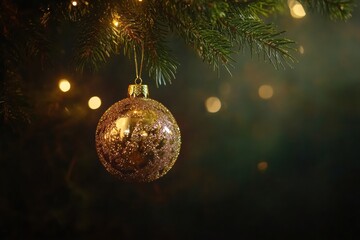 Poster - A shimmering golden ornament is suspended from a pine branch, surrounded by soft glowing lights, creating a warm holiday atmosphere. Generative AI