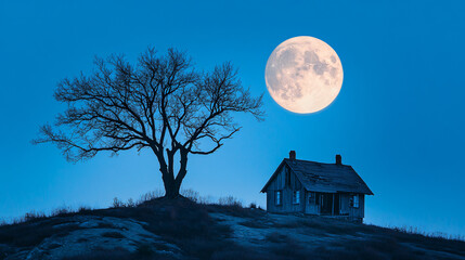 Wall Mural - Huge full moon illuminating an abandoned house and a bare tree on a hilltop at night, creating a spooky atmosphere