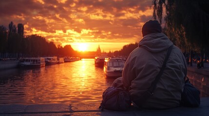 Fototapete - A person sits by a river at sunset, reflecting on the tranquil scenery.