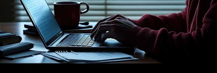 Aufkleber - A person typing on a laptop with a cup nearby, surrounded by papers and books.