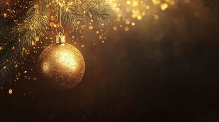 Poster - Golden ornament sparkles as it hangs from a green pine branch, creating a magical holiday atmosphere against a warm backdrop. Generative AI