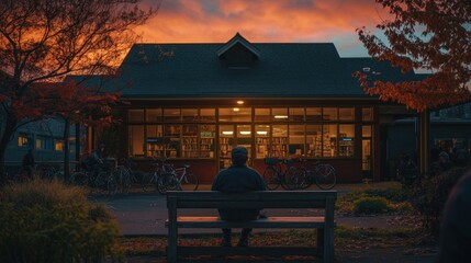 Leinwandbilder - A person sits on a bench, gazing at a library illuminated by a vibrant sunset.